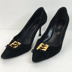 Sergio Rossi Black Suede Pumps Gold Hardware Laces Hook Heels Size 37
